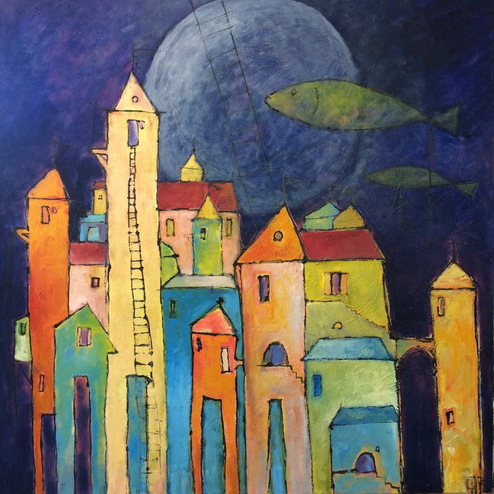 Stad met volle maan en vissen